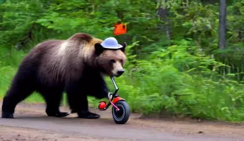 AI Video from prompt: A grizzly bear wearing a hat riding a unicycle o