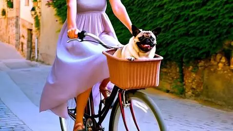 AI Video from prompt: a woman riding a bike with a pug in the bike bas