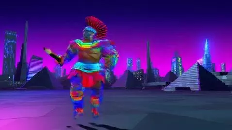 AI Video from prompt: aztec warrior is running across a futuristic cyb