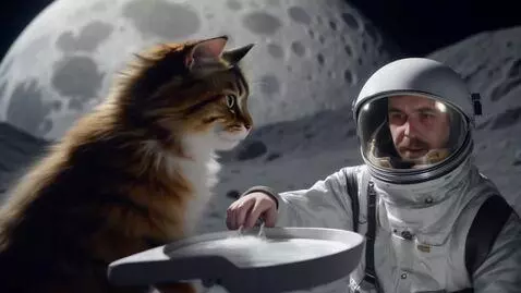 AI Video from prompt: A cat on the moon talking to an astronaut.