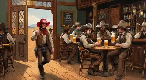 AI Video from prompt: a cowboy enters an 1850s bar through the swingin