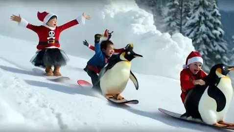 AI Video from prompt: santas elves riding penguins like snowboards dow