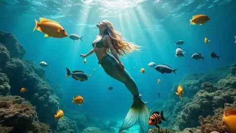 AI Video from prompt: a mermaid swimming under water with a school of 