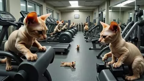 AI Video from prompt: a gym full of cute sphinx kittens. the kittens a