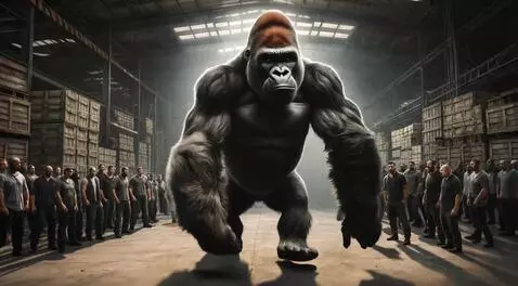 AI Video from prompt: a gorilla in a big warehouse is fighting 100 men
