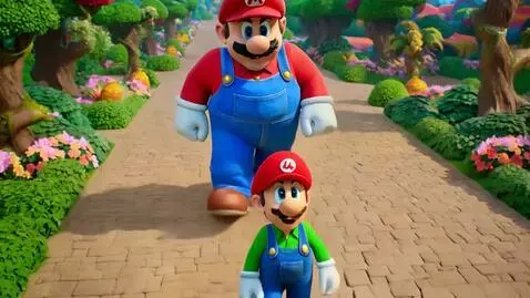 AI Video from prompt: 30.6feet Giant Mario walking towards before hugg