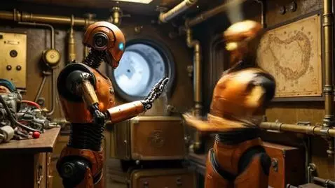 AI Video from prompt: Two steampunk robots argue about the best way to