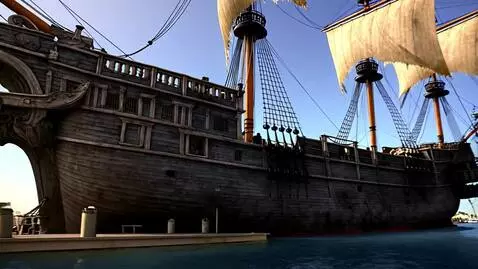 AI Video from prompt: Dolly shot of a ghostly pirate ship arriving at 