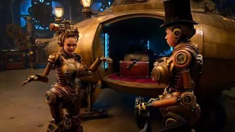 AI Video from prompt: A steampunk space robot couple is arguing about 