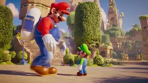 AI Video from prompt: 30.6feet Giant Mario walking towards before hugg