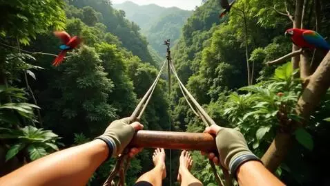 AI Video from prompt: POV of a woman zip lining through a beautiful ra