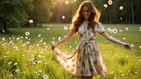 AI Video from prompt: A woman dancing in a meadow while it rains daisi