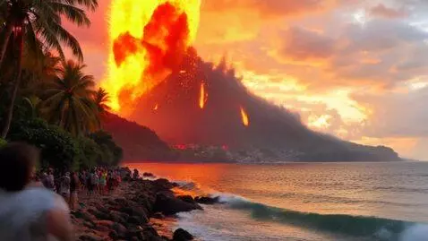 AI Video from prompt: a huge volcano in Hawaii next to the ocean roots