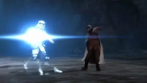 AI Video from prompt: jedi fight between two characters in a dark cave