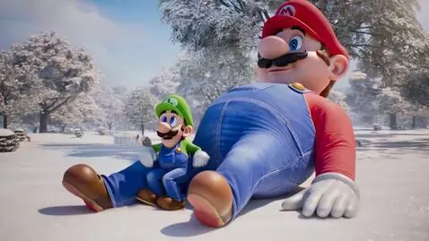 AI Video from prompt: 30.6 feet Giant Mario, snow, winter, park, lay d