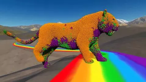 AI Video from prompt: A tiger that is made of skittles walking along a