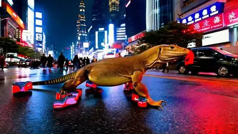 AI Video from prompt: AI Video of a komodo dragon wearing nike air jor
