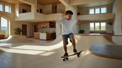 AI Video from prompt: a boy skateboards through a house. rather than h