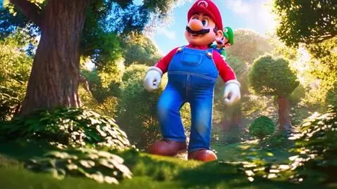 AI Video from prompt: 61.2ft Giant Mario allow 5.9ft Tiny Luigi to rid
