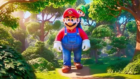 AI Video from prompt: 61.2ft Giant Mario allow 5.9ft Tiny Luigi to rid