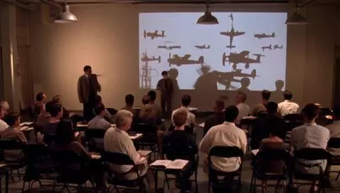 AI Video from prompt: “A 1940s classroom or civil defense hall, dimly 
