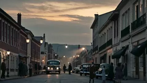 AI Video from prompt: “1940s American neighborhood at dusk, civilians 