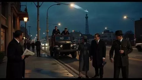 AI Video from prompt: “1940s Los Angeles street corner at dusk. Civili