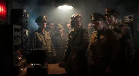 AI Video from prompt: 1940s military command center at night. Officers