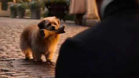 AI Video from prompt: a small dog carrying a huge bone in it's mouth w