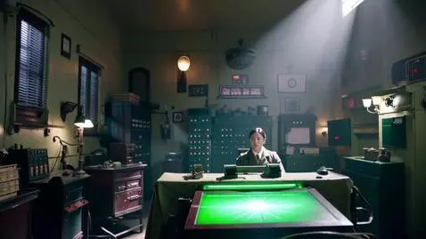 AI Video from prompt: Inside a 1940s radar station. A glowing green sc