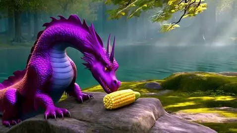 AI Video from prompt: A purple dragon eating corn on the cob