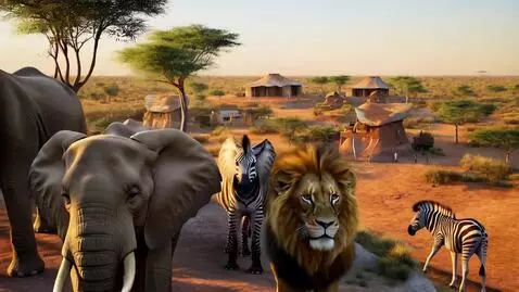 AI Video from prompt: animals on a safari watching humans in their env