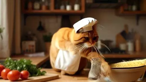 AI Video from prompt: chubby orange cat cooking pasta