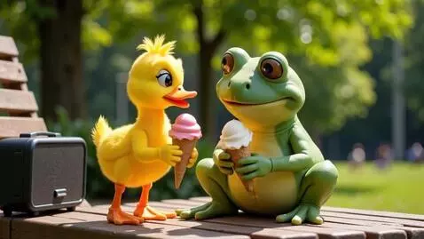 AI Video from prompt: Ducky and Mr Grumpy frog just became friends. Th