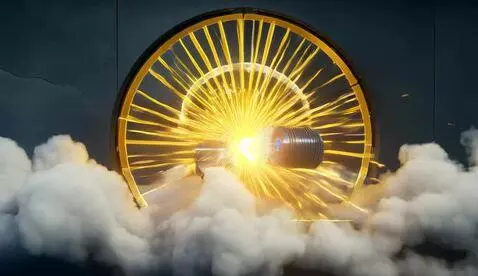 AI Video from prompt: A cyborg angel blasts open a golden gate. The gr