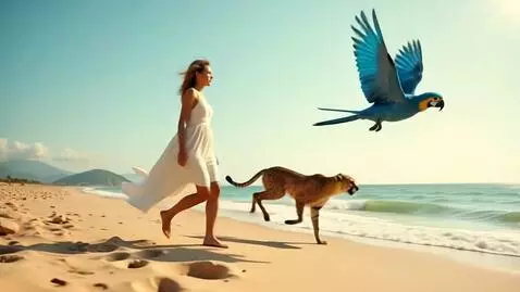 AI Video from prompt: A dreamlike reality where a woman walking on a b
