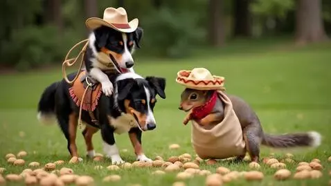 AI Video from prompt: Two Australian shepherds one is a cowgirl riding