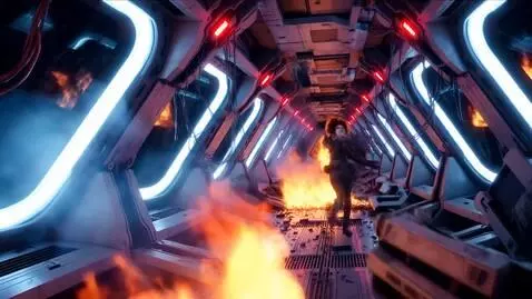 AI Video from prompt: Futuristic spaceship corridor in flames, female 