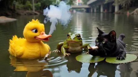 AI Video from prompt: Mr ducky, Mr grumpy frog, and evil kitty all go 
