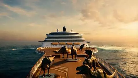 AI Video from prompt: a tsunami going over a cruise ship deck with din