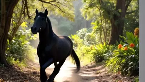 AI Video from prompt: Black stallion galloping through Costa Rican rai