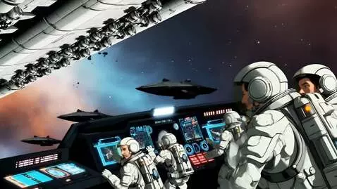 A large, heavily-engineered spacecraft moves slo