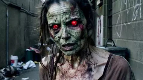 AI Video from prompt: A zombie woman with decaying flesh, tattered clo