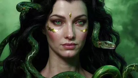 AI Video from prompt: A cinematic close-up shot of a Medusa-like woman