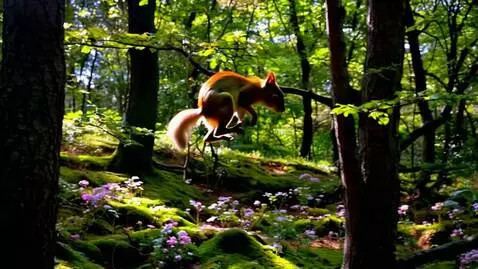 AI Video from prompt: A squirrel happily jumping from tree to tree