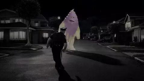 AI Video from prompt: An anthropomorphic ice cream monster chasing a c