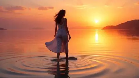 AI Video from prompt: a woman gracefully walking on water towards the 