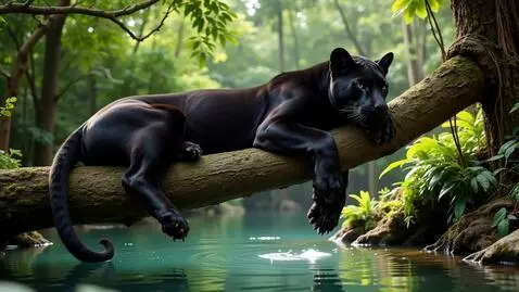 AI Video from prompt: A  blank panther sleeping in a tree next to a sp