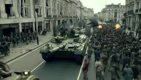 AI Video from prompt: A sweeping drone shot of a heavily armoured army