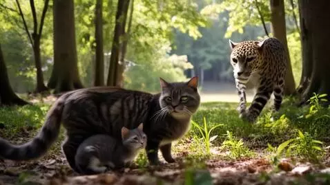 AI Video from prompt: > "In a forest clearing, a fluffy gray adult cat